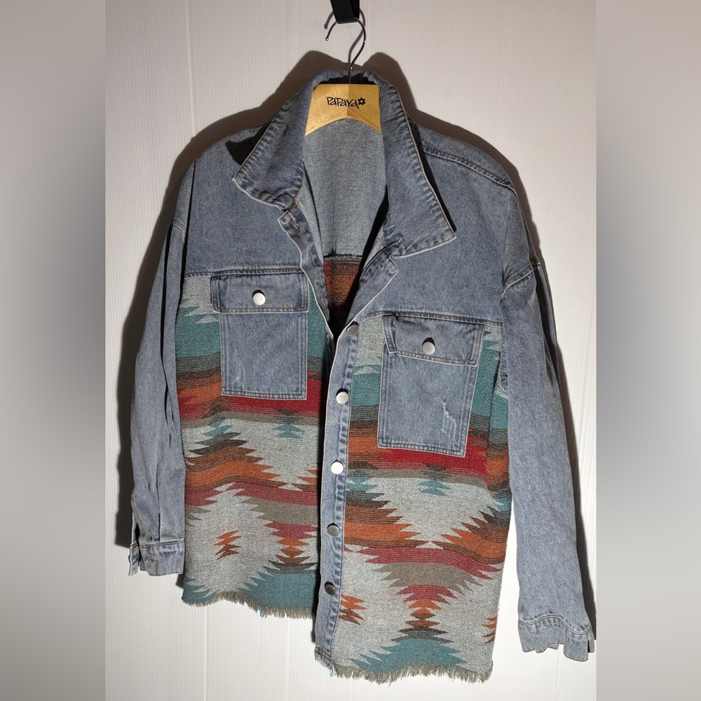 Denim Jacket with Southwestern Pattern